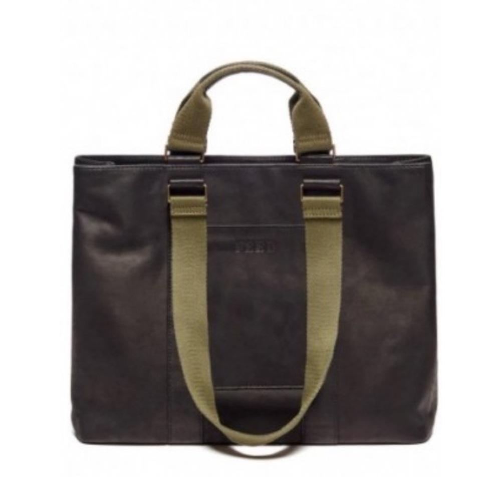 Black Leather Crossbody Tote with Olive Straps